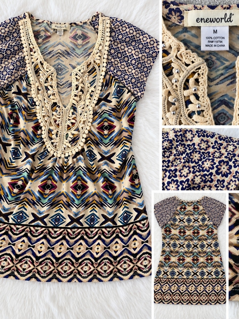 Cream & Navy Crochet-Trim Printed Tunic Top
